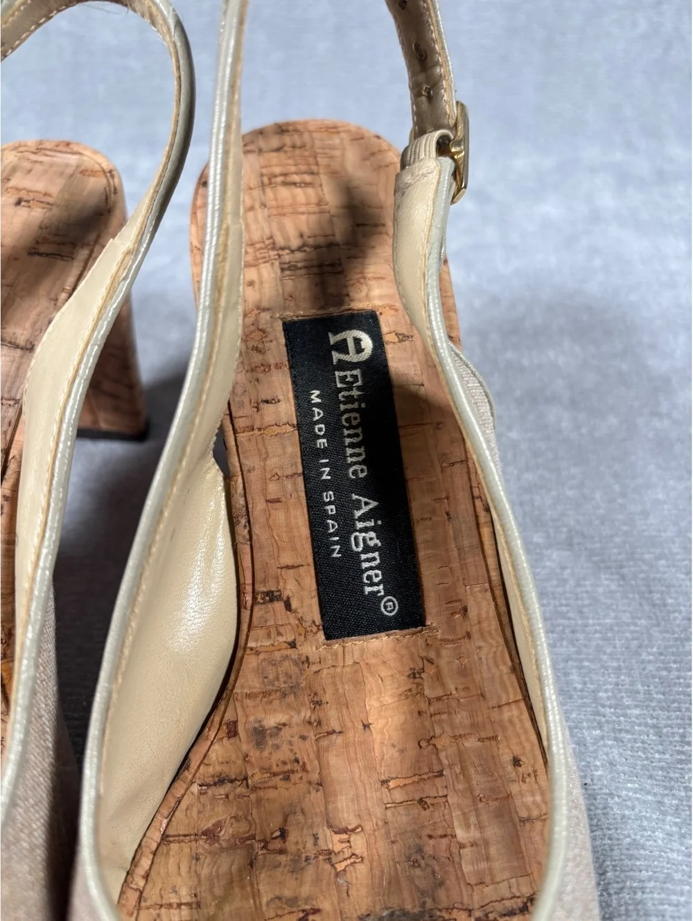Etienne Aigner Vintage Canvas Cork Slingback Peep Toe Kitten Heels Spain Sz 6M